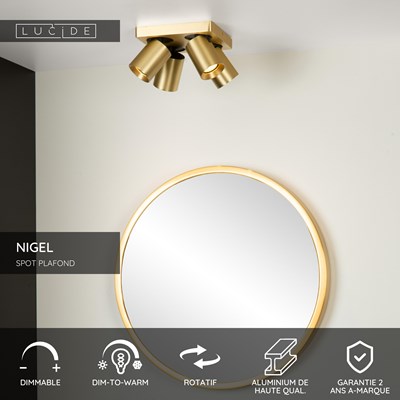 Lucide NIGEL - Spot plafond - LED Dim to warm - GU10 - 4x5W 2200K/3000K - Or Mat / Laiton
